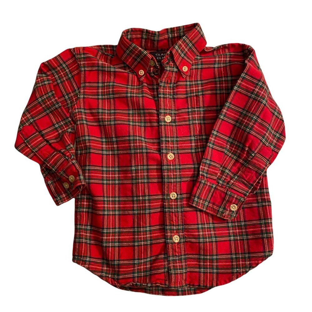 Class Club Boy's 3T Christmas Red Plaid button shirt Holiday Long sleeve pocket